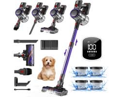 Elekiatech Steelstofzuiger - 48000 Pa - 2200 mAh Accu - Touchscreen en anti - klit borstel - Steelstofzuiger Draadloos - Batterijduur tot 50 minuten - 1,5 L Stofbak - Geschikt voor tapijt, harde vloeren en dierenhaar - Paars