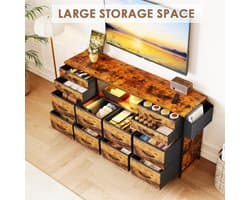 Industriële RGB LED TV-kast Lowboard met 12 Laden, Open Planken en Opbergtas voor Televisies tot 65 inch – 140 x 35 x 70 cm – Altameubel