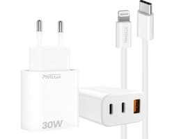 30w oplader met oplaadkabel geschikt voor iPhone iPad met Lightning - Snellader 3 poorten