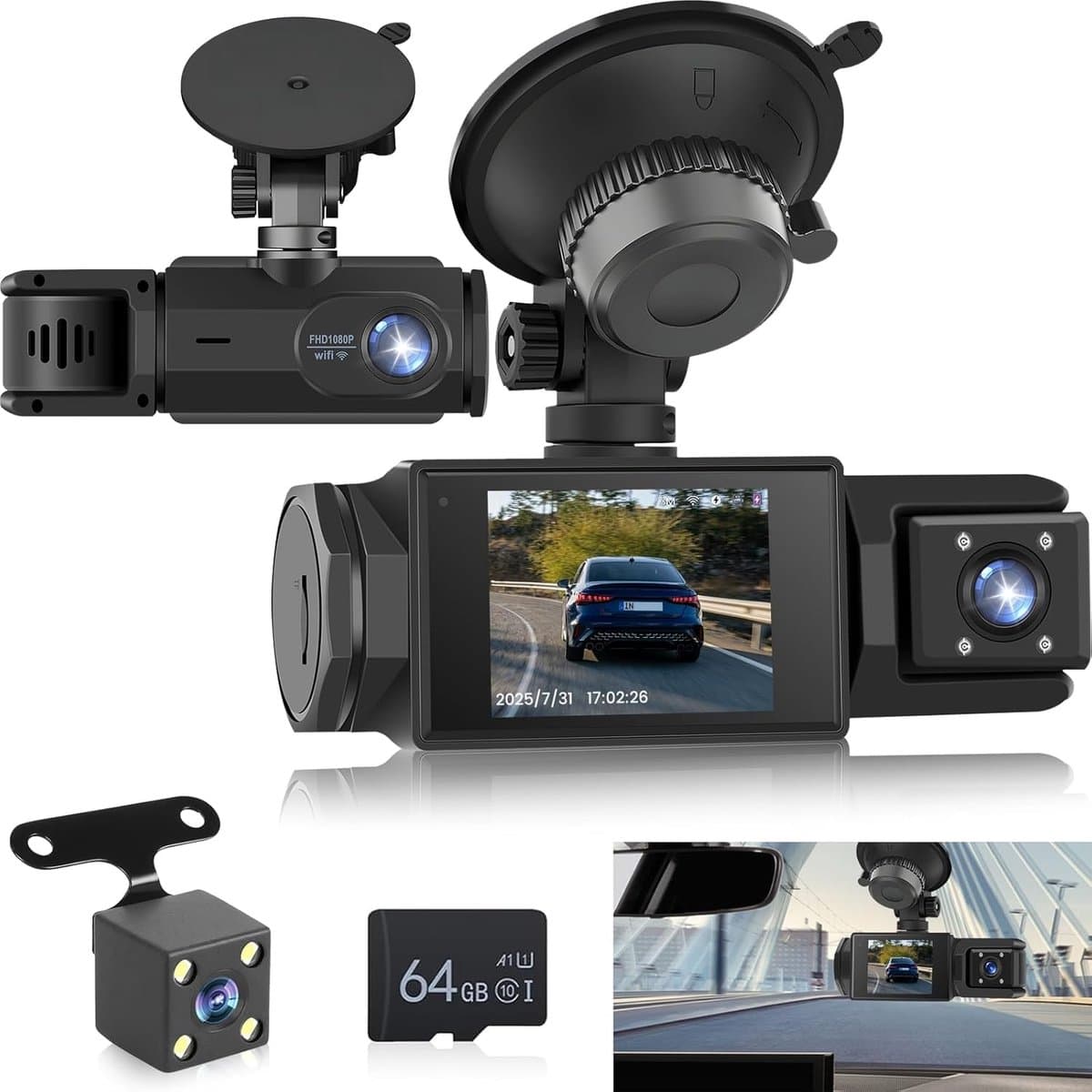 WiFi Dashcam voor Auto – 3-kanaals Draadloze Dashcam met App, Voor Binnenin Achter Camera, Full HD 1080P, 2” IPS-scherm, Nachtzicht, Bewegingsdetectie, Loopopname, 64GB-kaart Inbegrepen — afbeelding 1