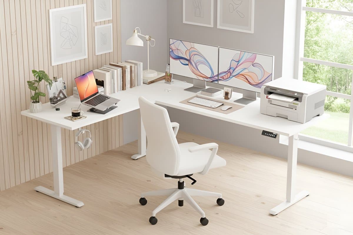 Elektrisch In Hoogte Verstelbaar L-Vormig Bureau 150x125 cm – Ergonomisch Hoekbureau met Geheugenfuncties & Anti-Botsing – Zit-Sta Computertafel met Stil Motor – Modern Wit Houten Design – HomeByNicole — afbeelding 1