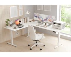 Elektrisch In Hoogte Verstelbaar L-Vormig Bureau 150x125 cm – Ergonomisch Hoekbureau met Geheugenfuncties & Anti-Botsing – Zit-Sta Computertafel met Stil Motor – Modern Wit Houten Design – HomeByNicole