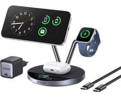 Anker Prime MagSafe-Oplader Compatibel, 3-in-1-Oplaadstation, Qi2 25 W-Gecertificeerde Draadloze Oplaaddockstandaard, Slim Display Met TEC Actieve Koeling