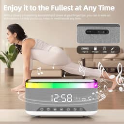 Bluetooth speaker met draadloos opladen en digitale klok, LED display, 15W Qi opladen, 2x10W speaker, 6 sfeerlampen, BT5.3/AUX/TF/USB-wit — thumbnail 5