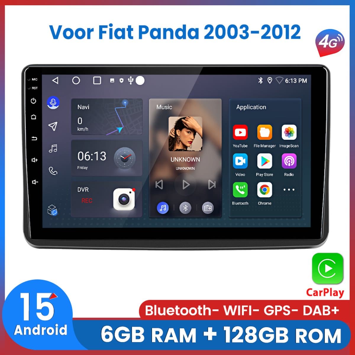 Awesafe Autoradio 6GB+128GB met Carplay en Android auto - Geschikt Voor Fiat Panda 2003 t/m 2012 - Radio scherm met Navigatie GPS - 8 Kern V1PRO Versie - Draadloos Apple Carplay & Android — afbeelding 1