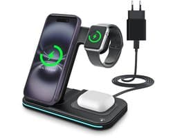 Draadloos Oplaadstation voor Smartphone, Smart Watch en Oordopjes van MMOBIEL – 3-in-1 Draadloze Oplader 15W – Snellader - Inclusief 20W Adapter - Zwart