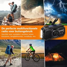 Noodradio op accu voor rampen met zaklamp en powerbank - Opladen met USB, zonneenergie en dynamo opwindbaar met accu van 3500mAh - FM/AM radio - Survival Noodpakket - Draagbare Radio - Solar Wereldradio - SOS lamp - Zwart — thumbnail 2