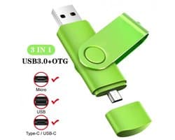 3-in-1 USB Stick 256GB – OTG Pen Drive USB 3.0, Type-C & Micro USB, Hoge Snelheid Flashdrive, Geschikt voor Android, PC, Laptop & Tablet-GROEN