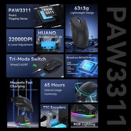 ATTACK SHARK X11 - RGB Gaming Muis - Magnetisch Oplaaddock - PAW 3311 Sensor - 59g Lichtgewicht - Bedraad + 2.4G + BT - 22.000 DPI - Zwart — thumbnail 7