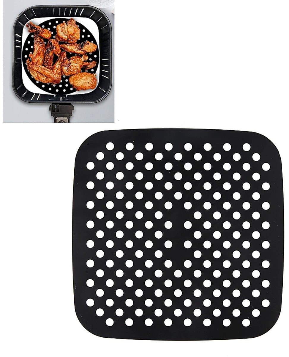 1 stuk Zwarte vierkante Airfryermat - Antiaanbaklaag voor eenvoudig schoonmaken - Kookmat - Hittebestendige bakmat - 190*190*1,4 mm - Geschikt voor koken en bakken in de Airfryer thuis - Zwart. — afbeelding 1