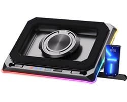 longziming -Laptop Koeler – Verstelbare Laptopstandaard met Ventilator en RGB-Verlichting – Koelpad met LCD-Display – Telefoonhouder en USB-Aansluiting