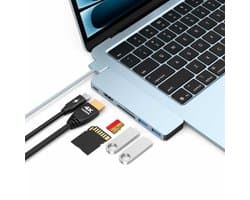 M-TECK MacBook Air/Pro USB-C - Dock - HUB - Splitter - 1 x HDMI 4K60Hz - 1 x Thunderbolt - 2 x USB3.0 - SD/MicroSD kaartlezer - M1/M2/M3/M4- Kleur: Sky Blue