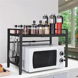 homewell Magnetronrek, 2-traps, uitbreidbaar rek om in lengte verstelbaar, moderne magnetronstandaard van koolstofstaal, met mobiele haak voor keukenorganizer (1-delige set, model 2, zwart) — thumbnail 4
