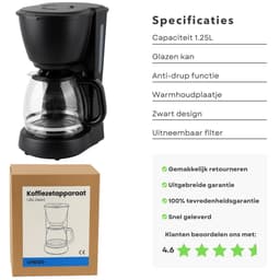 Cheqo® Koffiezetapparaat met Glazen Kan - Uitneembaar Filter - Anti-Drup Functie - Koffiezet Apparaat - Filterkoffie Machine - Warmhoudplaatje - Koffiemachine - Zwart Koffiezetapparaat - Betrouwbare Koffiemachine — thumbnail 4