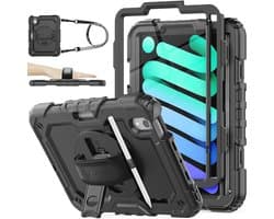 SEYMAC stock Case voor iPad mini 7 (A17 Pro) 2024/ Mini 6 2021 8,3 inch, Schokbestendige Case met Screenprotector, 360 Draaibare Standaard/handriem, Penhouder & Schouderriem,Zwart