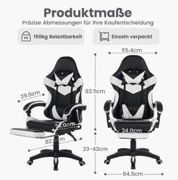 Gamingstoel - Ergonomisch Met Voetsteun - Draaibaar En In Hoogte Verstelbaar - Kunstleer - Zwart/Wit — thumbnail 4