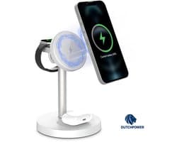 DUTCHPOWER Simple Tower – 3-in-1 Draadloos Oplaadstation – Voor iPhone, Apple Watch en AirPods – Verticaal en Compact Ontwerp – 15W Snellader – Wit