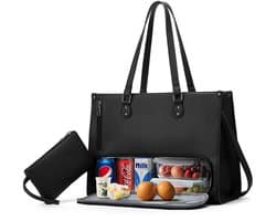 Lunch Tas - 2-in-1 Lunch Tas Handtas Combinatie - Vegane Leder Laptop tas - 15,6-inch Handtas Met Geïsoleerde Lunch Kamer - Lunch Tas - Vrouwen Koeltas - School Kantoor Isolatie Tas - Zwart