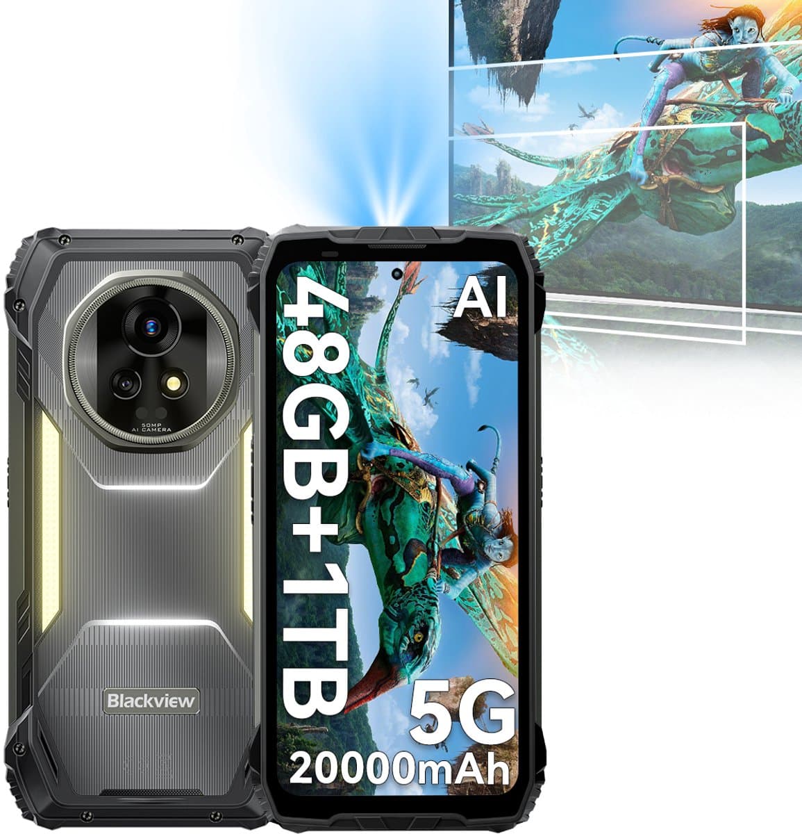 Blackview XPLORE 2 Projector - Robuuste Smartphone - 5G - 48GB RAM - 1TB ROM - 20000mAh - 120W snel opladen - 6.73 inch QHD+ AMOLED-scherm - Nachtzicht - Android 15 - Robuuste Telefoon - NFC - GPS - Zwart — afbeelding 1