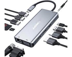 A-KONIC© 12 in 1 USB C Docking station -met Dual HDMI (4K), Ethernet RJ45, VGA, 4x USB 3.0 (thunderbolt), Usb-C, Micro / SD kaartlezer, Adio Jack 3.5mm,  - Hub - Voor Macbook Pro / Air, HP, Dell en meer – Spacegrey