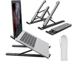 Laptop Standaard Verstelbaar - Aluminium en Kunstof - Extra Stevig - Hoge Kwaliteit - Met Opberg Zakje - 6 standen verstelbaar - Zwart - OXILO