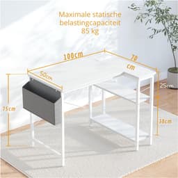 Klein Hoekbureau met - 100x70 cm L-vormig Computerbureau Schrijftafel met Omkeerbare Grote Opbergplanken - Boekenplank Werkstation voor Studie, Speel, Werk en Slaapkamer in Thuis Kantoor — thumbnail 3