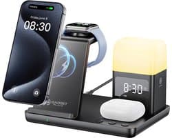 6 in 1 Draadloze oplader Pro met Wekker en Nachtlampje - 15 Watt Snellader - Draadloos Oplaadstation - Geschikt voor iPhone en Android