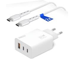 65W USB-C Oplader met 3 Poorten (2x USB-C + 1x USB-A) – Inclusief 2x USB C naar USB-C Kabels – Snellader voor Laptop en Telefoon