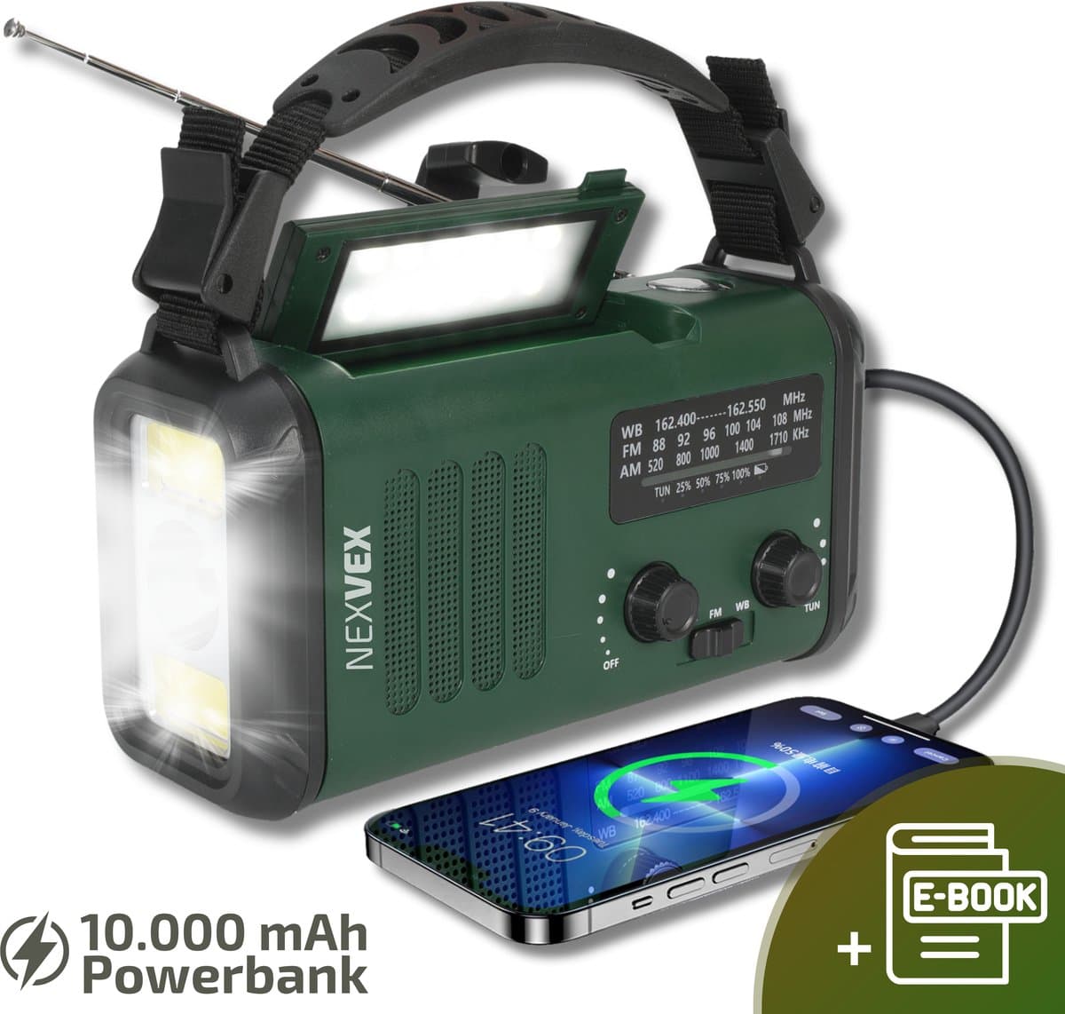 Nexvex® Pulse 1X Noodradio Powerbank 10000mAh - Solar Powerbank Zonneenergie - Noodpakket - Survival Kit Kamperen - Militaire Zaklamp LED Oplaadbaar - Draagbare Radio Wandelen - Leeslamp - Nood Kompas - Opwindbaar - Zonnepaneel - Noodrantsoen - Groen — afbeelding 1