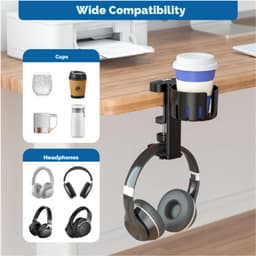 2-in-1 Hoofdtelefoonhanger Met Bureaubekerhouder - Draaibare Headsethouder Onder Bureau - Geschikt Voor Koffiemappen, Waterbekers, Hoofdtelefoon — thumbnail 4
