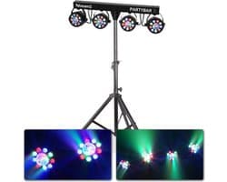 Discolampen - BeamZ PARTYBAR3 - Vier lichteffecten op statief - 4x PAR spot + 4x gekleurde Magic discobal - Complete set!