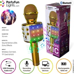 PartyFunLights - Karaoke Microfoon Bluetooth - Goud - Karaoke Set - Voor Kinderen en Volwassenen - Draadloos - Echo - Met Speaker - LED Licht - Nederlandse Handleiding — thumbnail 2
