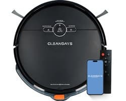 CleanDays Robotstofzuiger met dweilfunctie - Slimme navigatie - Dweilrobot - Robotstofzuiger met laadstation - Werkt met huisdieren - Inclusief Nederlandstalige app & afstandsbediening - D2-001