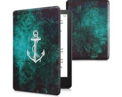 kwmobile e-reader hoesje geschikt voor Amazon Kindle Paperwhite 11. Generation 2021 hoes - E reader flip case met magnetische sluiting - Ereader cover - Anker en Landkaart design in wit / blauw