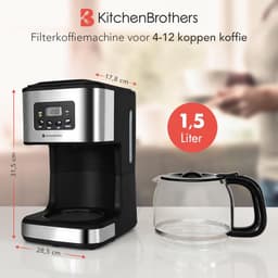 KitchenBrothers Koffiezetapparaat - Filterkoffie - BPA Vrij - 1,5 Liter Glazen Kan voor 12 Koppen Koffie - Timerfunctie - LCD-display - Zwart/RVS — thumbnail 2