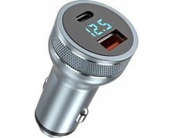 DrPhone Invisible4 Autolader - QC3.0 3A/9V + USB C met PD 18W Snel Opladen- 36W met Digitale Display - Zilver