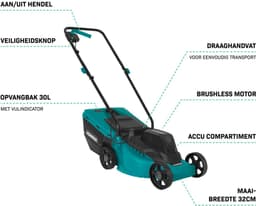 VONROC Accu Grasmaaier 20V – 32 cm maaibreedte - Borstelloze motor - Drie instelbare maai-hoogtes: 30/50/70 mm - Incl. 30L Opvangbak - Incl. 2.0Ah Accu en snellader — thumbnail 4