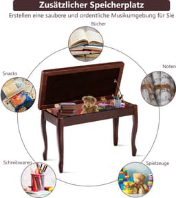COSTWAY Pianobank Pianokruk van massief hout, pianobank gestoffeerd, pianozitbank, keyboardbank pianobank 75x35x49cm (bruin) — thumbnail 4