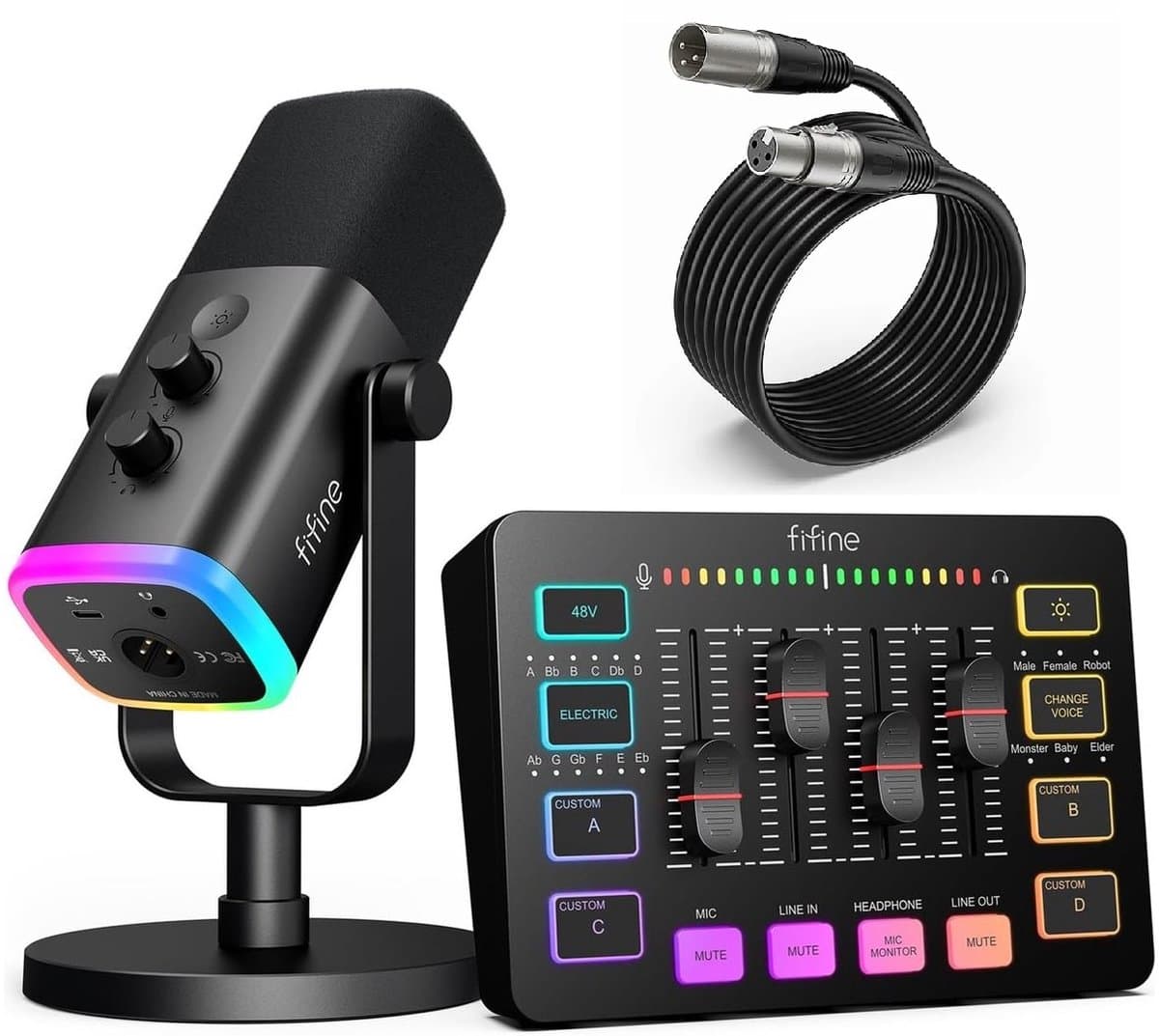 FIFINE KS-5 - Starterspack - AM8 & SC3 - Podcast Starterspack - Gaming Streaming - USB RGB Microfoon - Streaming Deck - DJ Mixer - Zwart — afbeelding 1