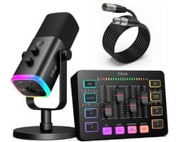 FIFINE KS-5 - Starterspack - AM8 & SC3 - Podcast Starterspack - Gaming Streaming - USB RGB Microfoon - Streaming Deck - DJ Mixer - Zwart