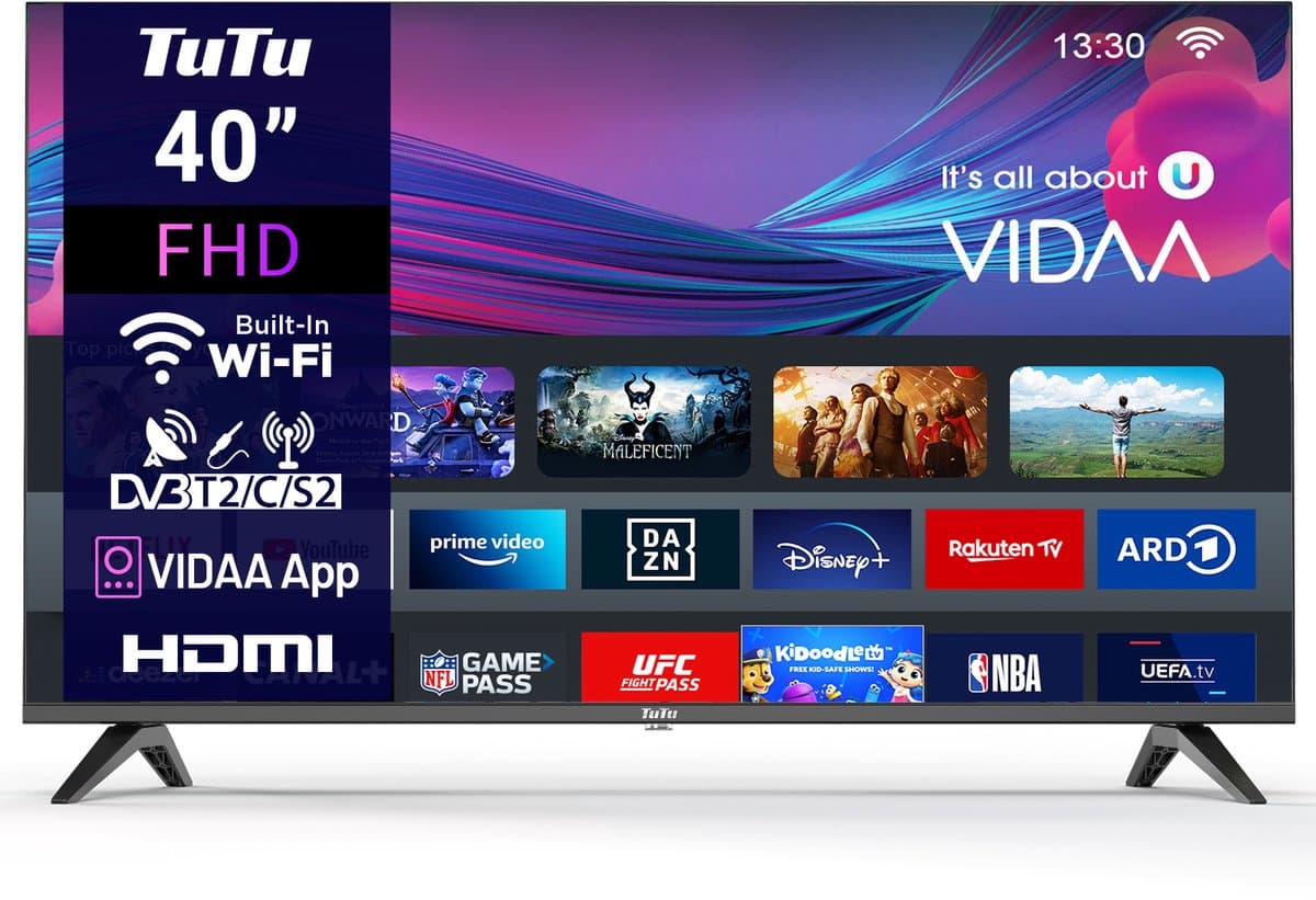 TuTu VIDAA TV - LED Full HD - 40 inch/102 cm - Frameless Design - Tripple Tuner DVB-T/T2/S/S2/C - HDMI x3, USB x2, CI+ - Streaming apps - In Eindhoven geassembleerd - TUV40FQ1 — afbeelding 1