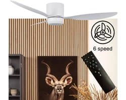 Plafondventilator Brezza Ø 132 cm met verlichting wit – stille ventilator 2026 – top kwaliteit - energie zuinig – met remote - ventilator voor laag plafond - 6 snelheden - warm wit licht - 3 step DIM systeem - zomer en winter stand – witte ventilator — afbeelding 1