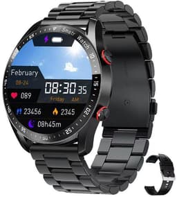 Knobbout Slimme Smartwatch met 1,28 inch Touchscreen- PPG als ECG hartslag- en hartfilamentmeting - ECG + PPG dubbele hartmonitor voor nauwkeurige gezondheidsbewaking - Bluetooth bellen en contacten synchronisatie - zwart staal+siliconen horlogeband — thumbnail 1