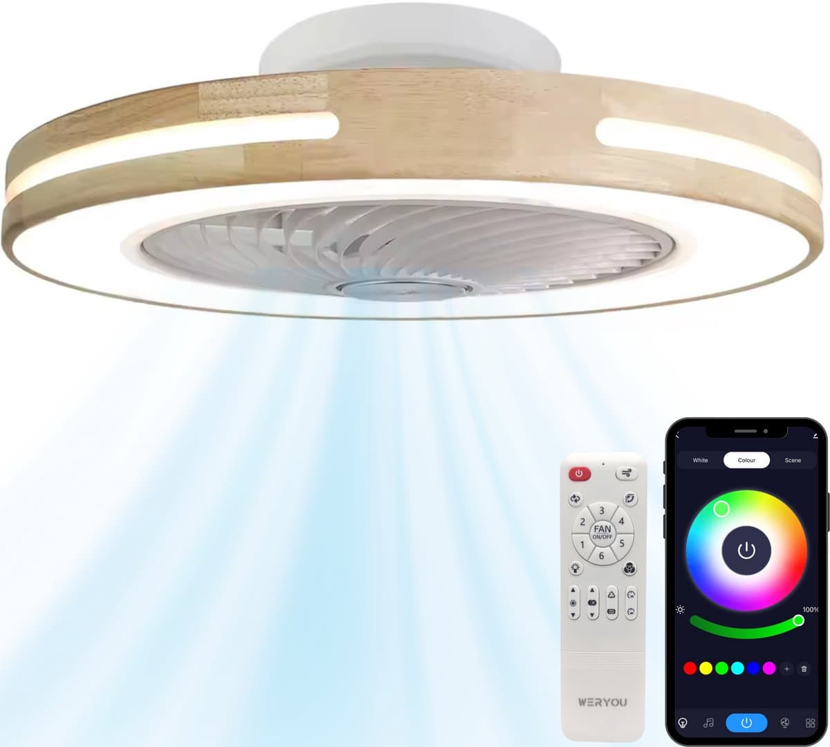 WERYOU® illuminAIR Plafondventilator - Plafonniere - Plafondventilator met Afstandsbediening - Plafondlamp - Plafond ventilator met Verlichting - Ventilator lamp - RGB Ledlamp - Hout Design — afbeelding 1