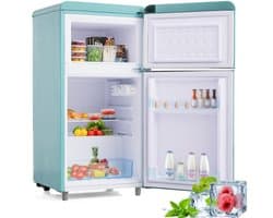 Retro koelkast, bovenste en onderste dubbele deur koelkast, 72 liter totaal volume, met 21 liter vriezervolume, 120 kWh/jaar, LED -licht. Beschikbaar in verschillende kleuren. [Energieklasse E]