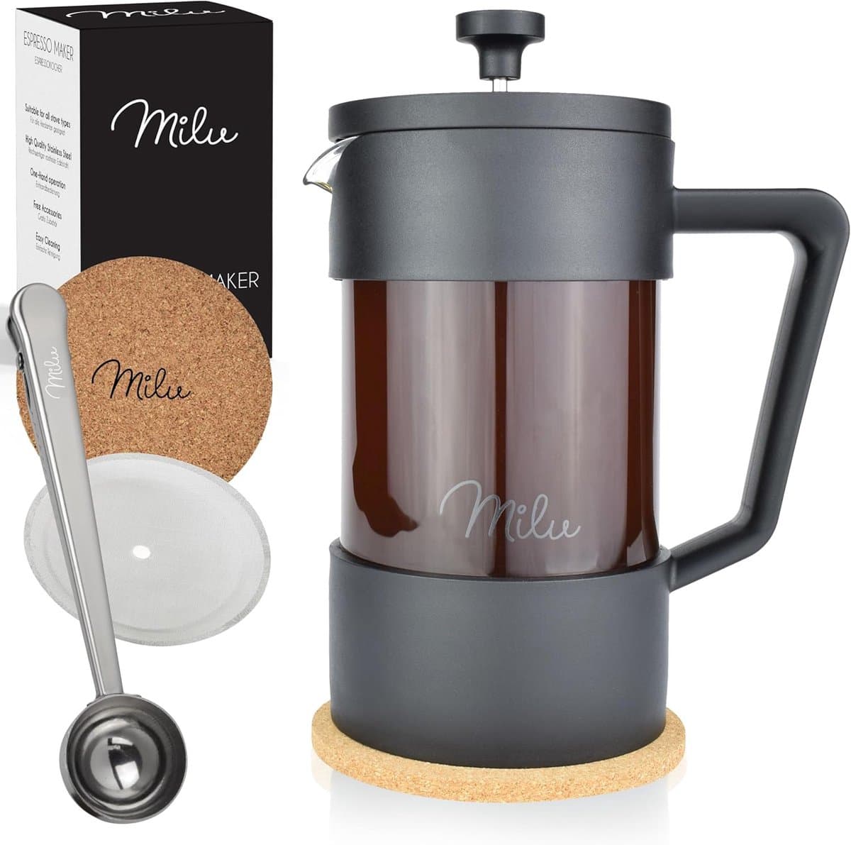 Milu French Press Koffiemaker | 350ml, 600ml, 1L | Glazen Cafetière, koffie Pers voor Thuis, Reizen en Kamperen – Inclusief Onderzetter, Lepel en Vervangingsfilter - Franse Pers Koffiezetapparaat (600 ml) — afbeelding 1