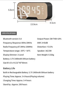 Digitale wekker met bluetooth speaker, radio, spiegel en TF ingang. zwart — thumbnail 2