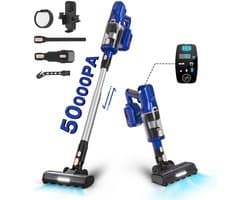 INSE V12 Draadloze stofzuiger - Stofzuiger Draadloos - 50 kPa - 55 minuten - Kruimeldief- Krachtig - Batterij Aangedreven Steelstofzuiger Draadloos -Geschikt voor tapijt, harde vloeren en dierenhaar - Blauw