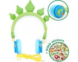 Dino Koptelefoon Kinderen – voor Jongens – Volume begrenzing + Verstelbaar – Kindveilige Hoofdtelefoon Storingsvrij door snoer + Dino stickers – kleur Groen HU04
