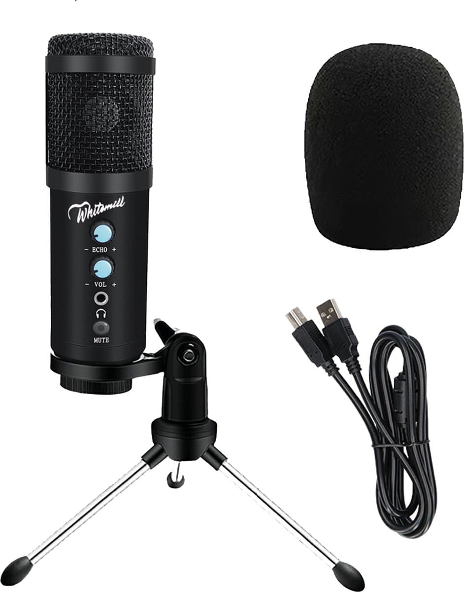 Whitemill Condensator microfoon met Tripod - USB - Gaming - Podcast - PC - Met popkap en ruisfilter - Zwart — afbeelding 1